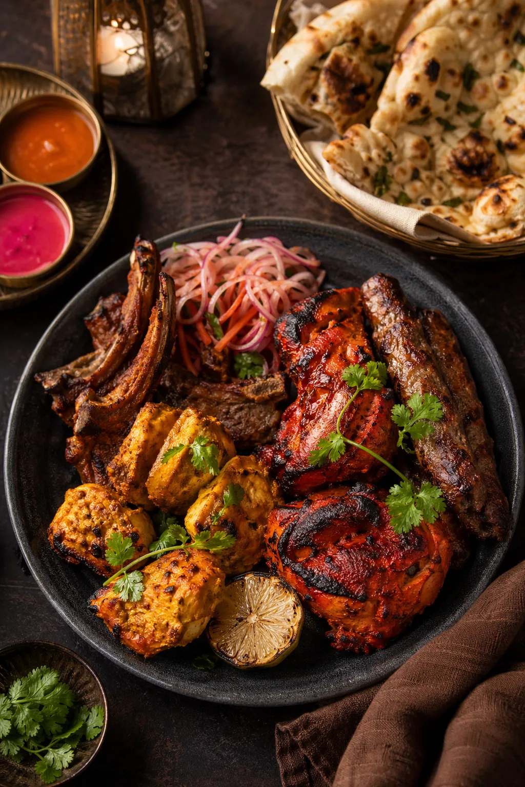 Tandoori Mixed Grill auf dunklem Tisch